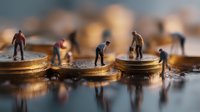 Miniature workers on golden coins symbolizing financial growth, investment returns, and economic labor market. Macro photography with selective focus and reflection.