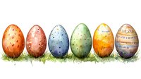 Colorful decorated Easter eggs in row standing on spring grass. Watercolor style holiday illustration with speckled orange, pink, blue, green, yellow patterns.