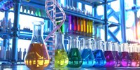 Colorful laboratory glassware with rainbow chemical solutions and DNA helix model in modern scientific research environment.