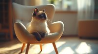 Siamese cat relaxing in modern armchair during golden hour sunlight, warm cozy home atmosphere with natural window lighting and soft shadows.