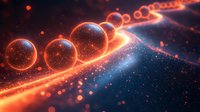 Glowing orange spheres with sparkles aligned on luminous path against dark cosmic background with floating particles and light effects in futuristic composition.