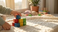 Child hands playing with colorful wooden building blocks on soft blanket in sunny nursery room with toys and plants in background.