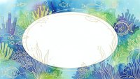 Underwater ocean scene with coral reef and tropical fish surrounding blank oval frame for text or design elements.