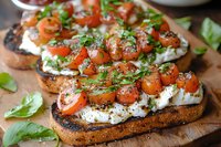Grilled bread topped with creamy ricotta cheese, roasted cherry tomatoes, fresh herbs and seasonings served on rustic wooden cutting board, close up view.