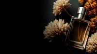 Elegant perfume bottle surrounded by dried flowers on dark background, creating luxurious atmosphere for fragrance advertising.