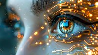 Futuristic close up of glowing blue eye with digital circuit patterns and golden light particles, representing artificial intelligence and technological advancement.