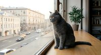 Gray tabby cat sitting on wooden windowsill looking out at urban street view with classic architecture buildings and cars below in cozy home interior.