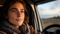 Young woman of mixed ethnicity gazing out vehicle window during golden hour, wearing cozy knit sweater, contemplative expression, rural landscape visible in background, travel and lifestyle concept.