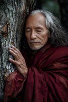 Senior Asian man with long gray hair and closed eyes leaning against tree trunk wearing burgundy robe, conveying peace, spirituality and connection to nature for wellness and meditation concepts.