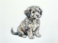 Mixed breed puppy with fluffy coat sitting and looking forward, isolated on white background. Suitable for pet care, veterinary, adoption, and animal-related design projects.