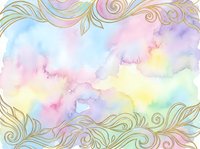 Pastel watercolor background with golden floral swirl ornaments in soft pink, blue, yellow and purple tones for cards, invitations and decor.