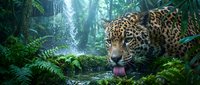 Spotted jaguar drinking water from forest stream surrounded by lush tropical rainforest vegetation and ferns with waterfall in background.