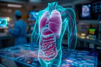 Digital visualization of human anatomy showing glowing translucent torso with highlighted lungs and digestive system on medical interface display in hospital setting.