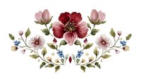 Symmetrical floral arrangement with central burgundy bloom surrounded by pink and white flowers with blue accents and green foliage on white background.