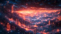 Cosmic landscape with glowing orange nebula and cascading light pillars against deep space background, featuring luminous stellar formations and ethereal clouds.