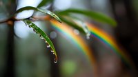 Fresh green leaves with morning dew drops creating natural rainbow prism light effects. Macro photography showcasing water droplets and colorful refraction.