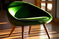 Modern emerald green velvet accent chair with curved organic shape and wooden legs casting dramatic shadows on hardwood floor in sunlit interior space.