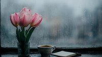 Pink tulips in glass vase near coffee cup and smartphone on windowsill with rain drops on window glass creating moody atmospheric scene with natural light.