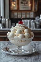 Elegant vanilla ice cream sundae with whipped cream and maraschino cherry served in crystal glass bowl on marble counter, restaurant dessert presentation.