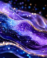 Abstract cosmic waves with purple and blue gradient colors, flowing golden glitter particles and bokeh lights creating magical ethereal background pattern.