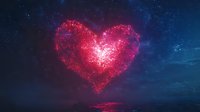 Glowing red heart-shaped constellation illuminates dark night sky over calm ocean waters, creating romantic reflection on surface. Magical starry valentine concept.
