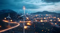 Wind turbine against dramatic evening sky with glowing city lights and sparkles, representing sustainable energy and modern power generation solutions.
