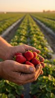 Farmer hands holding fresh ripe strawberries at sunset in agricultural field with rows of strawberry plants during harvest season.