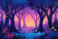 Enchanted forest at twilight with glowing fireflies, mystical purple and pink sunset through dark trees, magical stream flowing between silhouetted trunks and fantasy foliage.