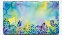 Watercolor background with colorful butterflies and wildflowers in blue, green, yellow, and purple tones, copy space for text.