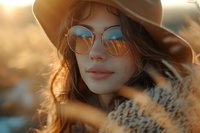 Young Caucasian woman in round glasses and felt hat at golden sunset, wind blowing through hair, dreamy atmospheric portrait among autumn wheat field.