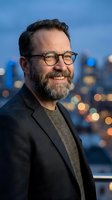 Confident middle-aged Caucasian businessman with beard and glasses smiling against blurred city skyline at dusk for corporate headshots and marketing.