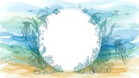 Underwater ocean scene with jellyfish, coral and marine plants forming circular frame on white background. Watercolor style aquatic border for design projects.