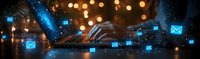 Hands typing on keyboard with glowing blue email icons floating in dark space, illuminated by warm bokeh lights, representing digital communication.