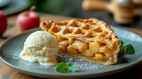 Fresh baked apple pie slice with lattice crust served on gray plate with vanilla ice cream scoop and mint leaves, dusted with powdered sugar, close up view.