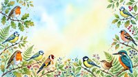 Watercolor frame with colorful garden birds on branches with leaves and berries, soft pastel background with copy space for text.