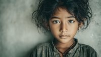 Young Asian girl with messy dark hair and expressive eyes wearing vintage clothing against textured wall background for emotional storytelling content.