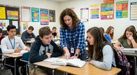 Female teacher with curly hair helping students in classroom with educational posters on walls during lesson.