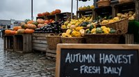 Outdoor farmers market stall displaying fresh autumn harvest vegetables in wicker baskets with chalkboard sign advertising daily fresh produce for seasonal shopping.