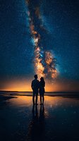 Silhouette of couple standing on reflective beach surface against dramatic night sky with vibrant Milky Way galaxy and orange sunset horizon.