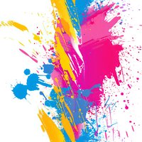 Vibrant paint splashes in pink, blue and yellow create dynamic abstract composition on white background. Energetic brush strokes and ink splatters for modern design projects.