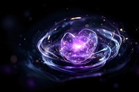 Glowing purple heart shape surrounded by luminous swirling energy waves against dark background creates magical romantic atmosphere. Suitable for Valentine designs.