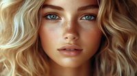 Close-up portrait of young woman with blonde wavy hair, blue eyes, and natural freckles on smooth skin, looking directly at camera with neutral expression.