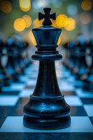 Black chess king piece on board with warm bokeh lights background for strategy and leadership concepts.