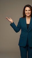 Professional businesswoman in teal suit presenting with open palm gesture, smiling confidently against neutral background for corporate communications.