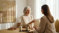 Mature woman with gray hair and glasses, Caucasian ethnicity, wearing beige sweater, having friendly conversation with younger brunette woman in warm, neutral-toned office or home setting with natural light and modern decor. Suitable for business, mentoring, counseling, or lifestyle content.