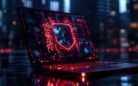 Futuristic gaming laptop with glowing red shield symbol on screen against dark cityscape background, representing cybersecurity and digital protection.