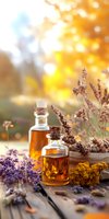 Essential oil bottles with dried lavender and herbs on wooden surface against golden sunset bokeh background, creating atmospheric wellness composition.