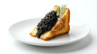 Gourmet caviar toast with golden fried bread and fresh dill garnish on white plate, luxury appetizer for fine dining and upscale restaurant menus.