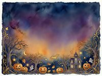 Watercolor Halloween night scene with pumpkins, haunted house, ghosts, bats, and golden ornate border on moody purple-orange sky background.