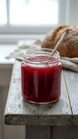Homemade red fruit jam in glass jar with spoon on rustic wooden table near window, preserves for breakfast or baking.